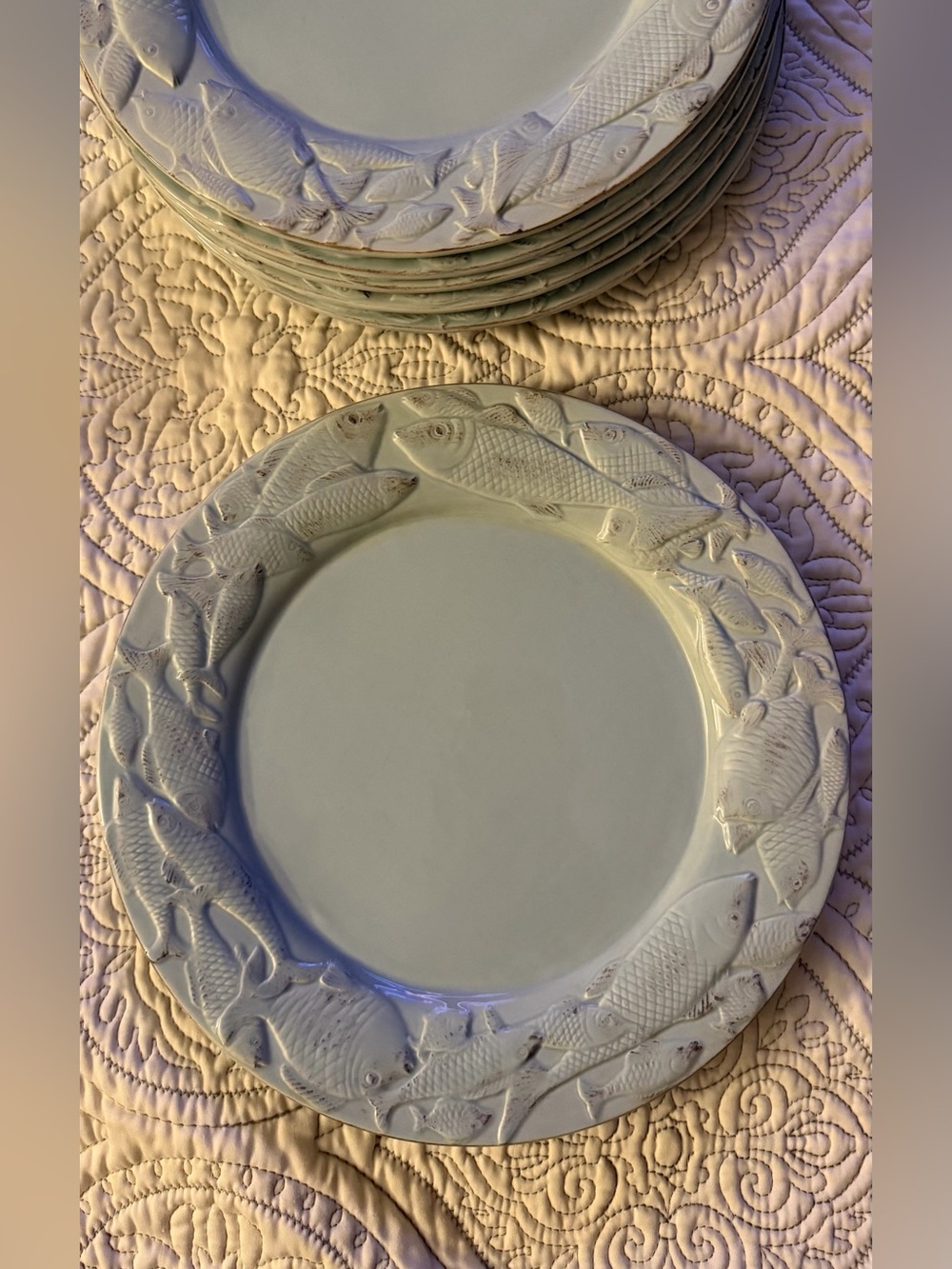 Set of Six Seaglass Blue Fish Motif Plates approximately 10” Diameter